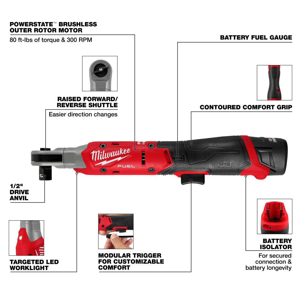 Milwaukee M12 FUEL 1/2 Inch Ratchet Kit 3054-21