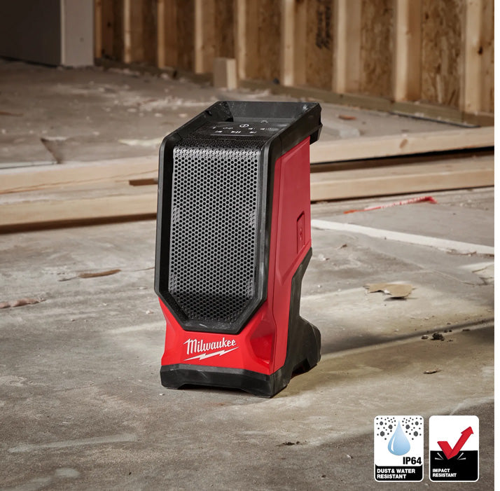 Milwaukee M18 Fuel Bluetooth Linkable Speaker in red and black, designed for use with tools on construction sites.