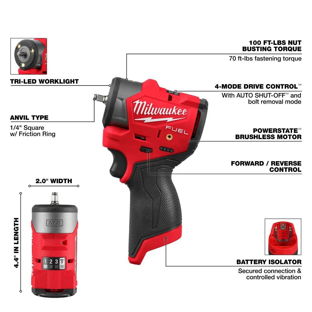Milwaukee M12 FUEL 1/4 Inch Subcompact Impact Wrench With Free 5.0 High Output Battery 3048-20