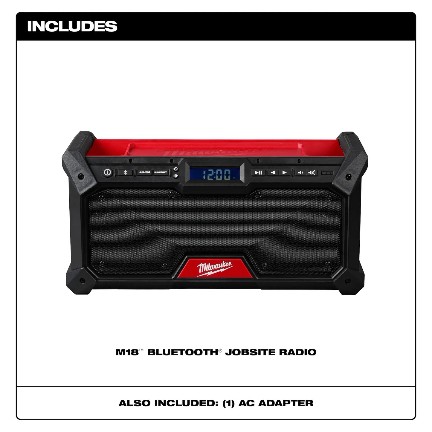 Milwaukee M18™ Bluetooth® Jobsite Radio 2952-20, red and black tool radio with digital clock and control buttons.