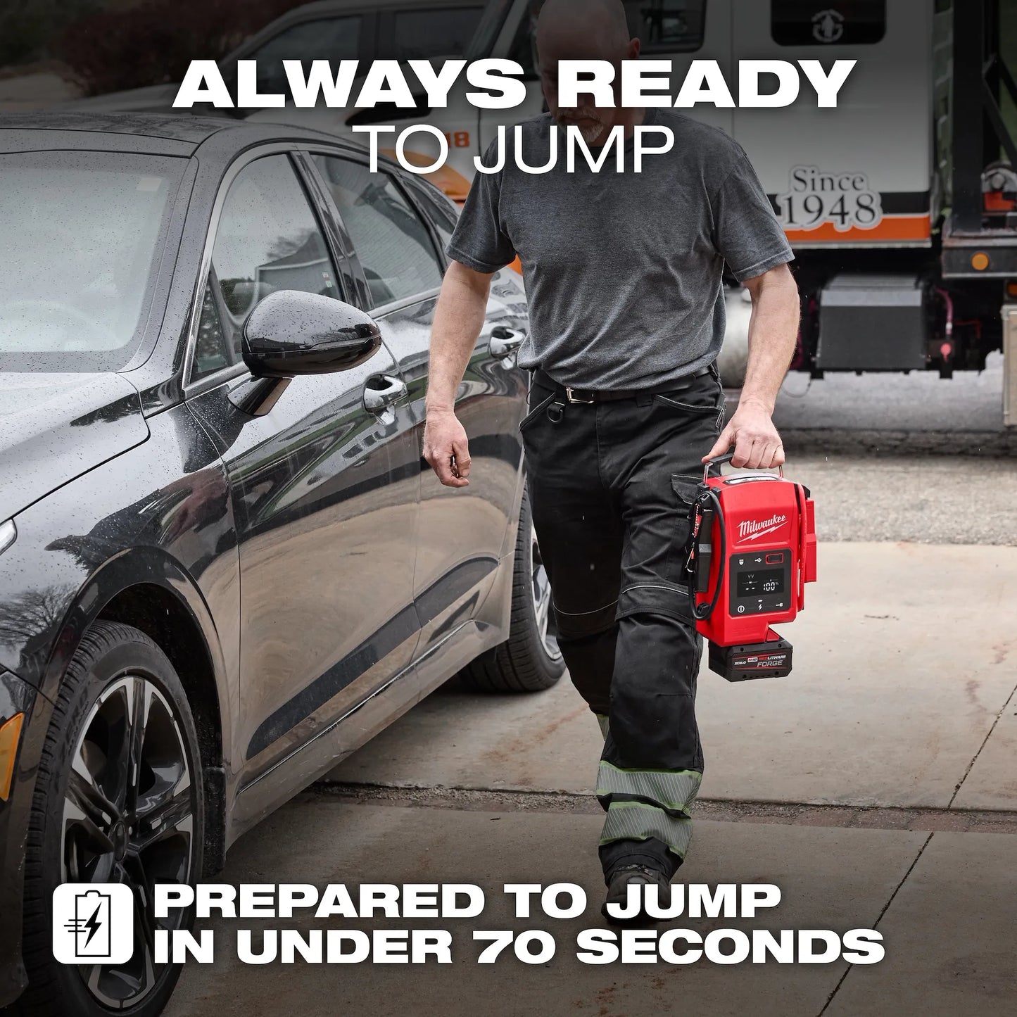 Milwaukee M18™ HOTSHOT™ Jump Starter 3841-20 red portable jump starter tool held by person next to car.