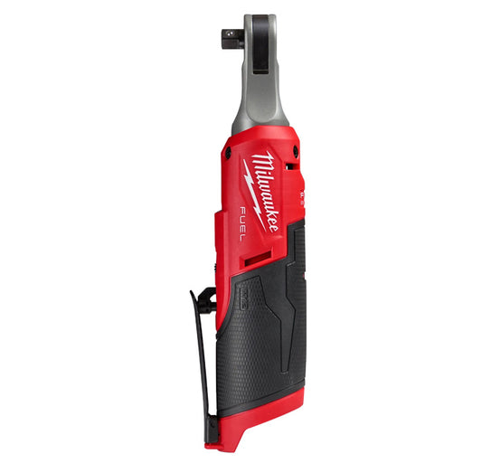 Milwaukee M12 Fuel 3/8" High Speed Ratchet cordless tool with red and black ergonomic grip tools.