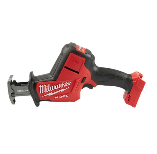 Milwaukee M18 Fuel Hackzall red and black cordless reciprocating saw tool with ergonomic handle and battery slot.