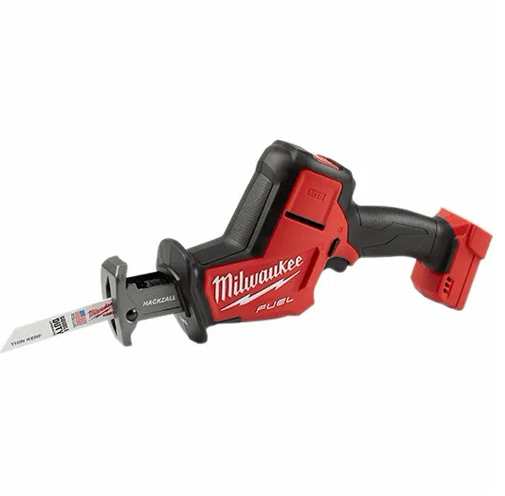 Milwaukee M18 Fuel Hackzall cordless reciprocating tool with red and black body and exposed saw blade teeth.