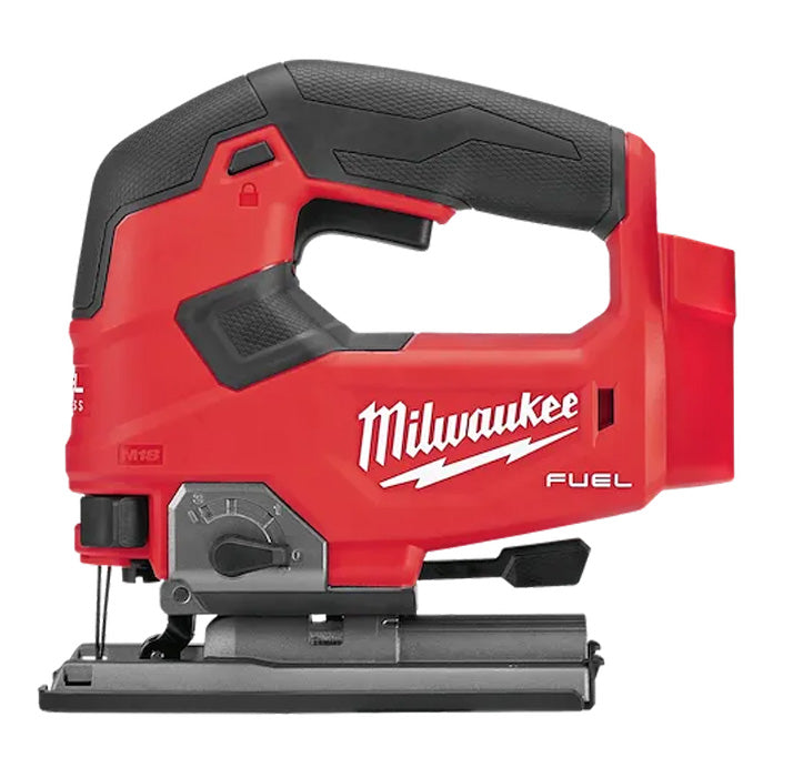 Milwaukee M18 D-Handle Jig Saw in red and black, cordless power tool for precision cutting.