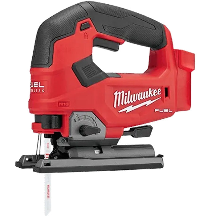Milwaukee M18 D-Handle Jig Saw in red and black, cordless power tool for cutting tasks.