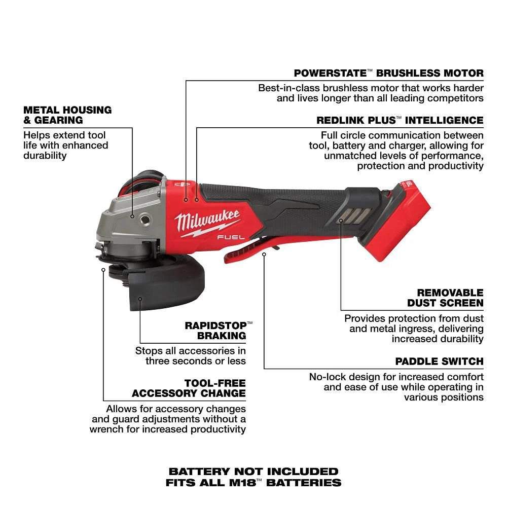 Milwaukee M18 FUEL 4-1/2" / 5" Variable Speed Braking Grinder, Paddle Switch No-Lock With FREE 5.0 battery2888-20