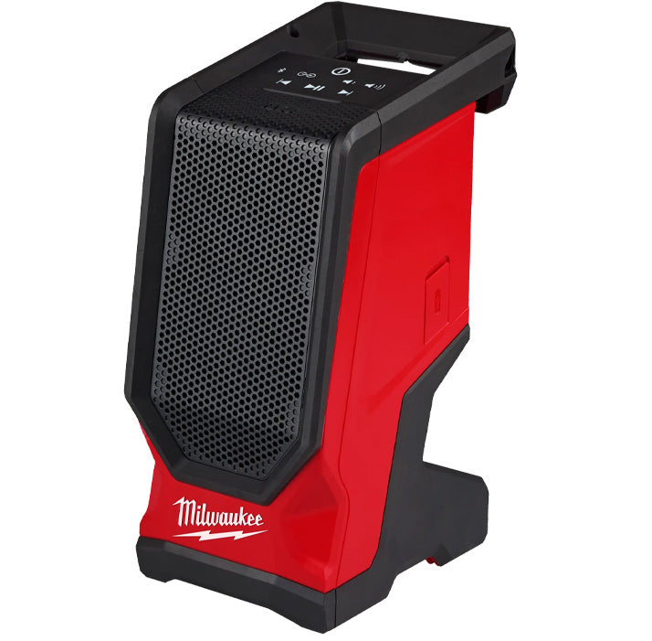 Milwaukee M18 Fuel Bluetooth Linkable Speaker in red and black, designed for tool users.