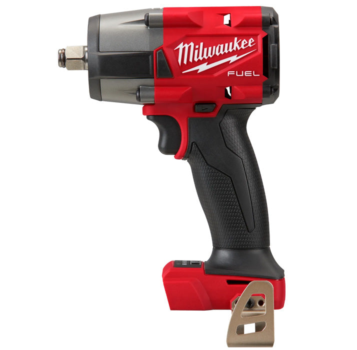 M18 Fuel 1/2" Mid Torque Impact Wrench in red and black, heavy-duty tool with ergonomic grip and metal belt clip.