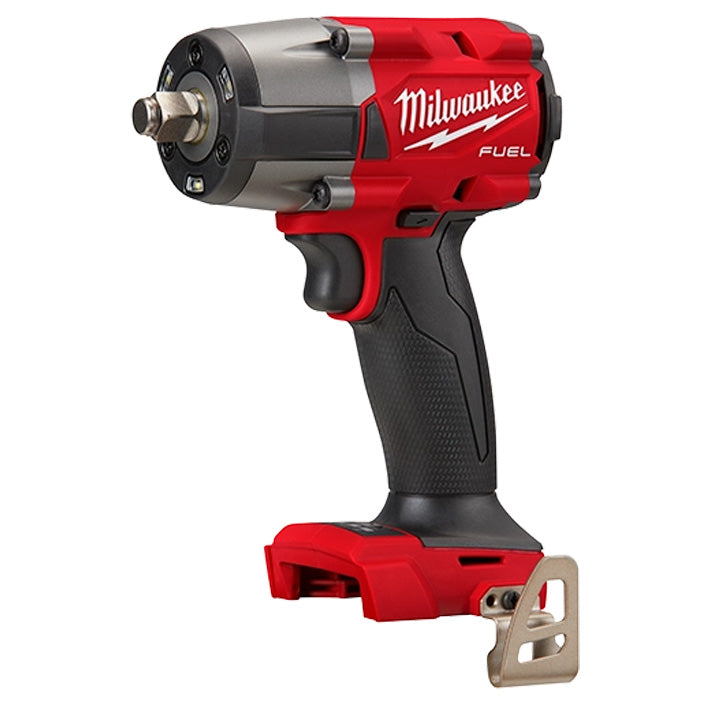 M18 Fuel 1/2" Mid Torque Impact Wrench red and black power tool with ergonomic grip and metal belt hook.