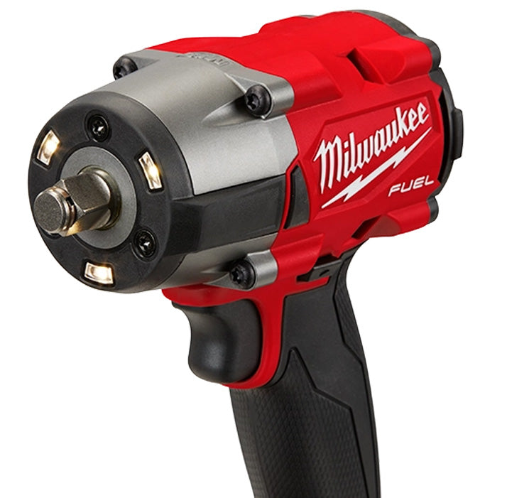 M18 Fuel 1/2" Mid Torque Impact Wrench red and black cordless tool with metal front and ergonomic grip tools.