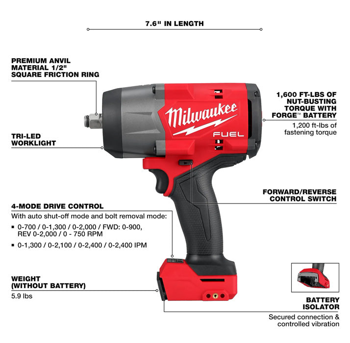 M18 Fuel 1/2" High Torque Impact Wrench red and black cordless tool with forward/reverse switch and battery slot.