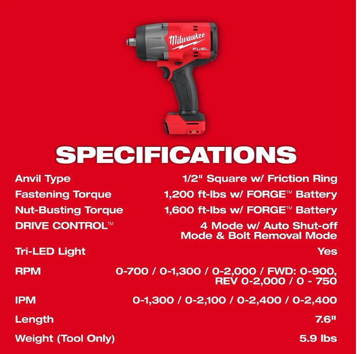 M18 Fuel 1/2" High Torque Impact Wrench in red and black with ergonomic handle and trigger tool design.