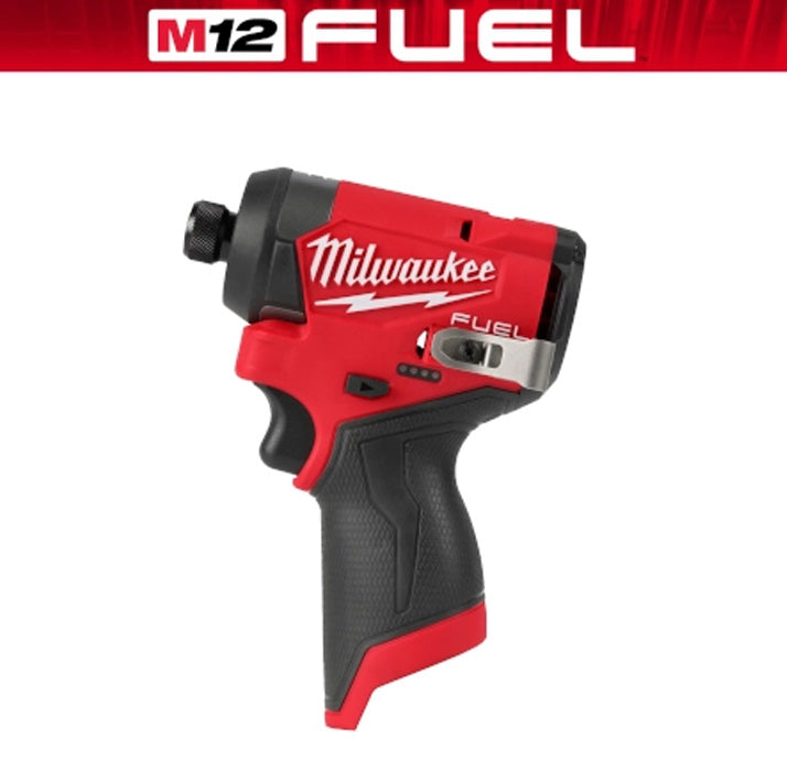 Milwaukee M12 Fuel 1/4" Impact Driver tool in red and black for precision fastening tasks.