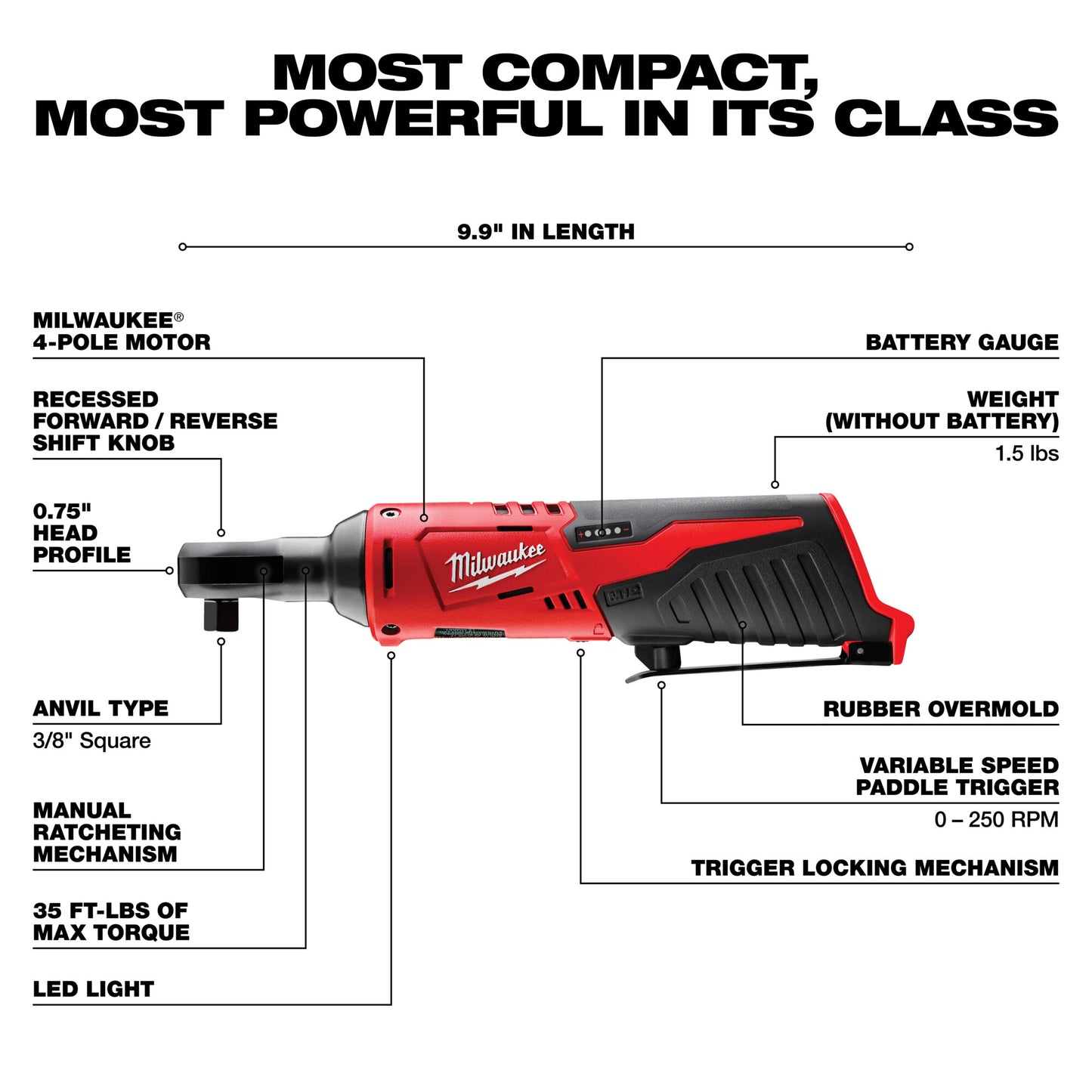 Milwaukee M12 Cordless 3/8in. Ratchet Bare Tool 12 Volt 2457-20