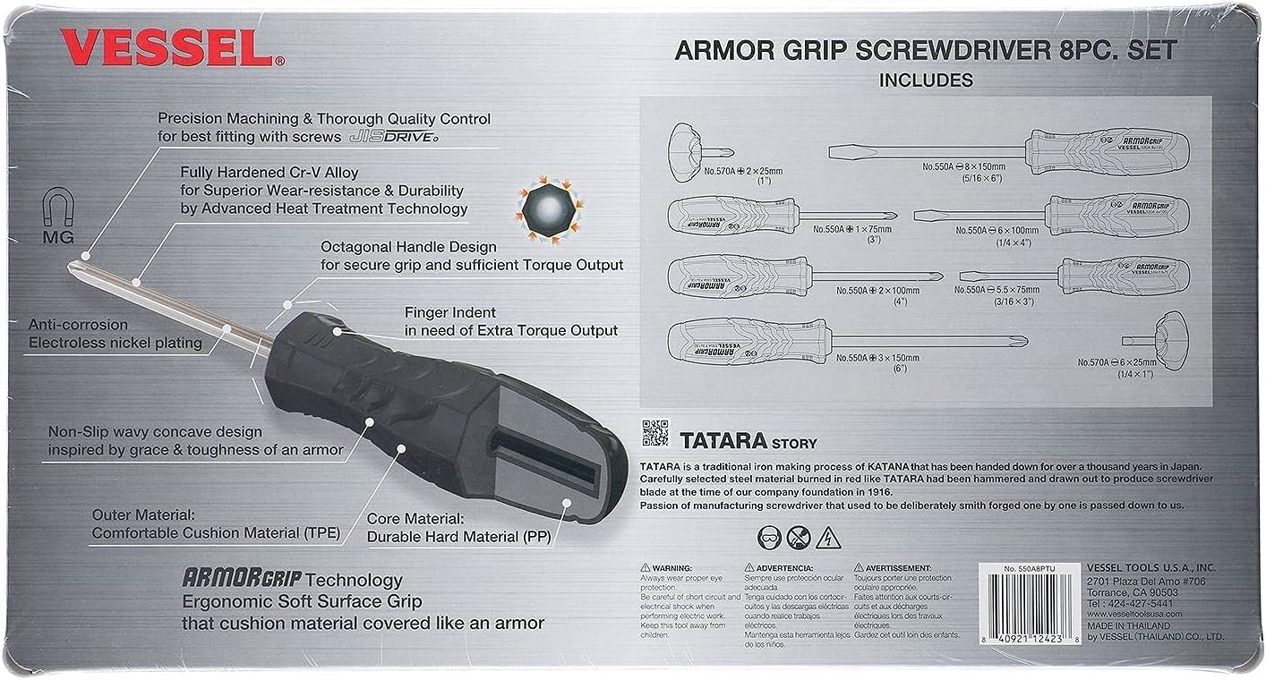 VESSEL ARMOR GRIP Screwdriver 8PC. Set No.550A8PTU JIS Drive