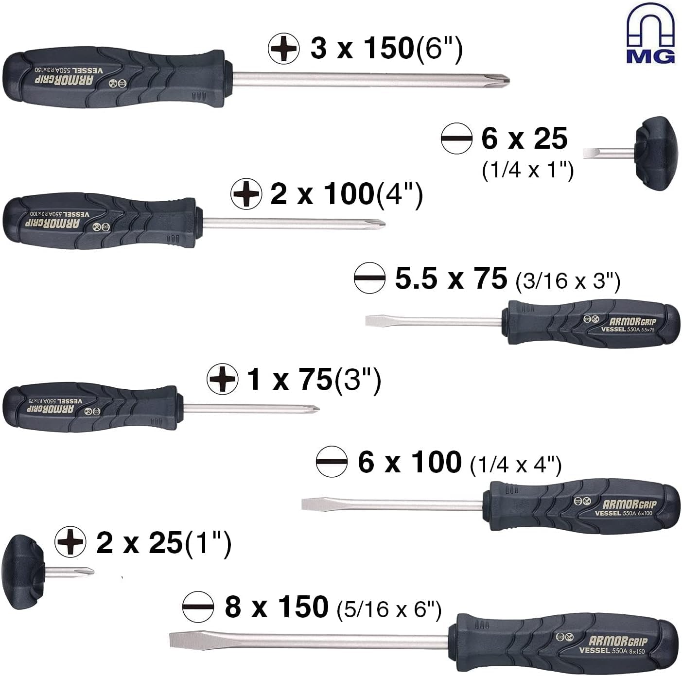 VESSEL ARMOR GRIP Screwdriver 8PC. Set No.550A8PTU JIS Drive