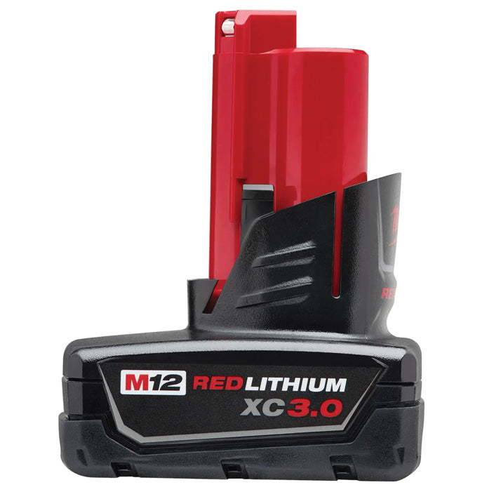 Milwaukee M12 3.0 XC Battery red and black lithium-ion tool battery for power tools.