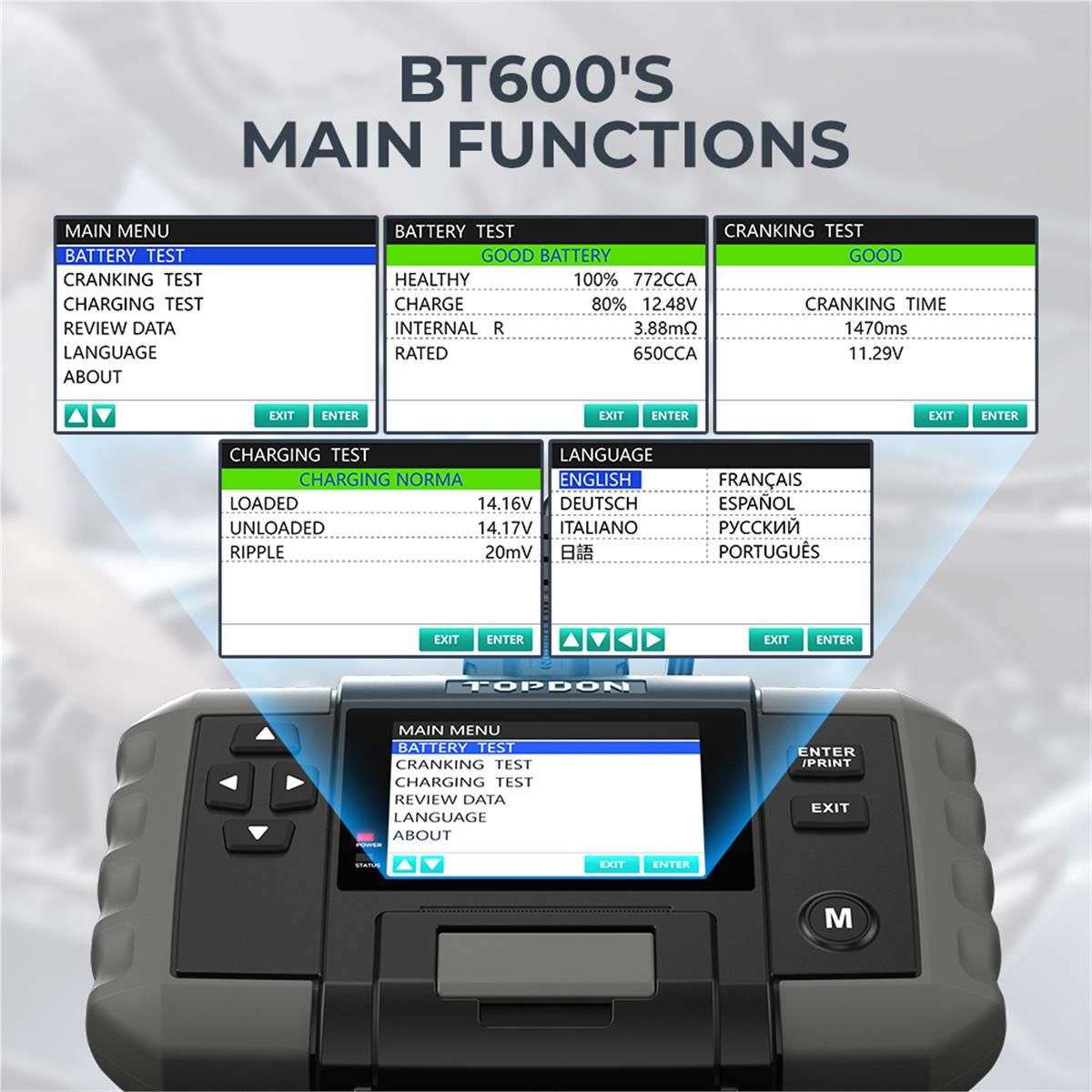 Topdon BT600 - 12V Battery & 12V/24V System Tester w/Built-in Printer