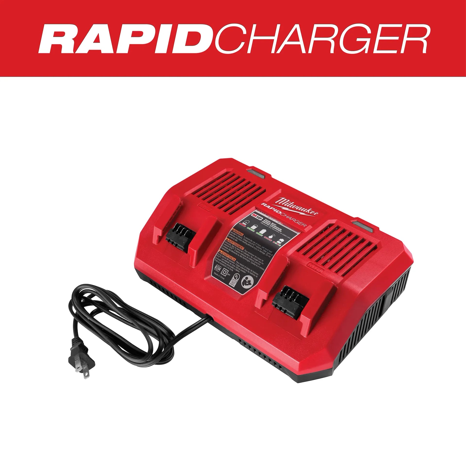 Milwaukee M18 Dual Rapid Charger 48-59-1802 red dual-port tool charger with power cord for charging Milwaukee power .
