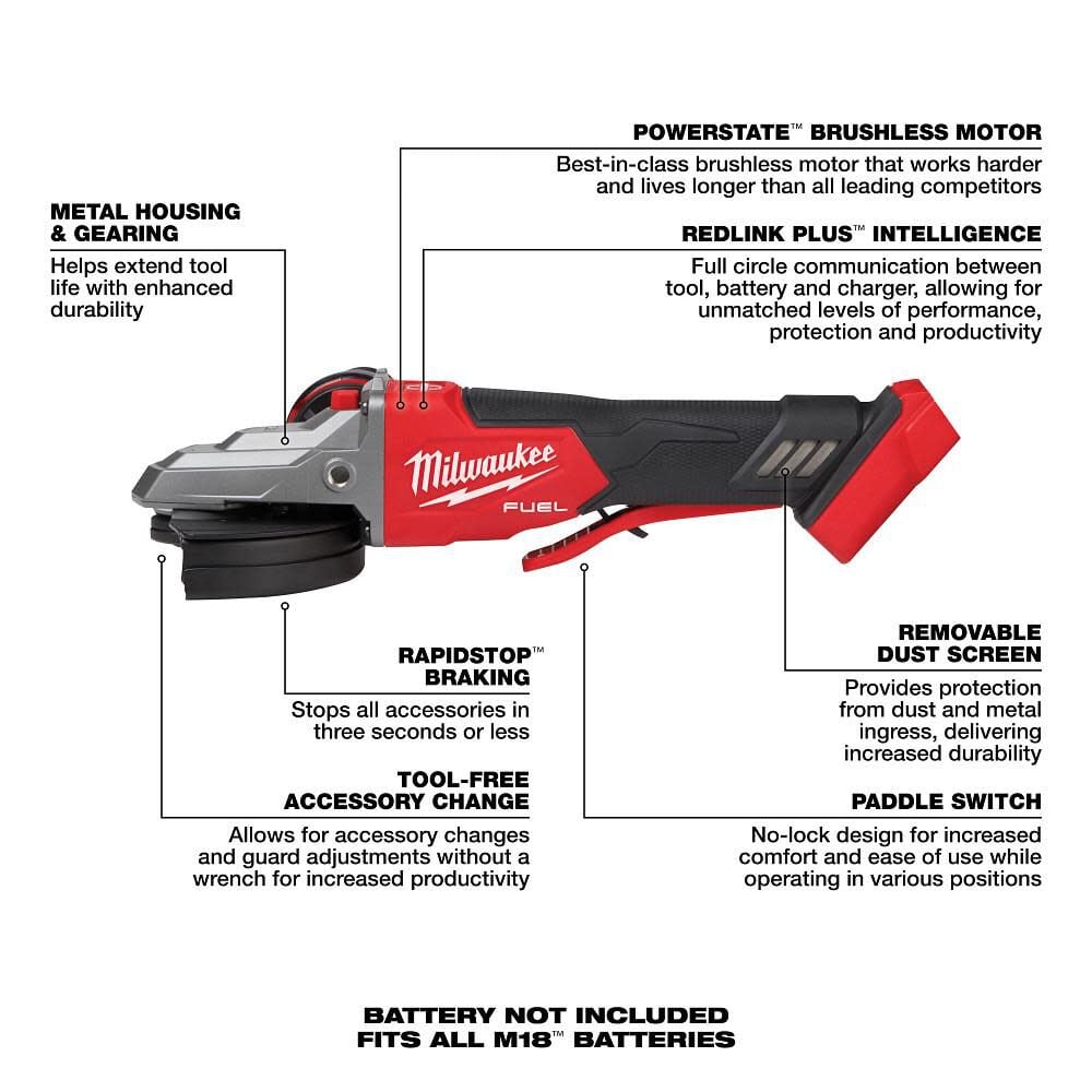 Milwaukee M18 FUEL 5inch Flathead Braking Grinder Paddle Switch No Lock With FREE 5.0ah Battery2886-20