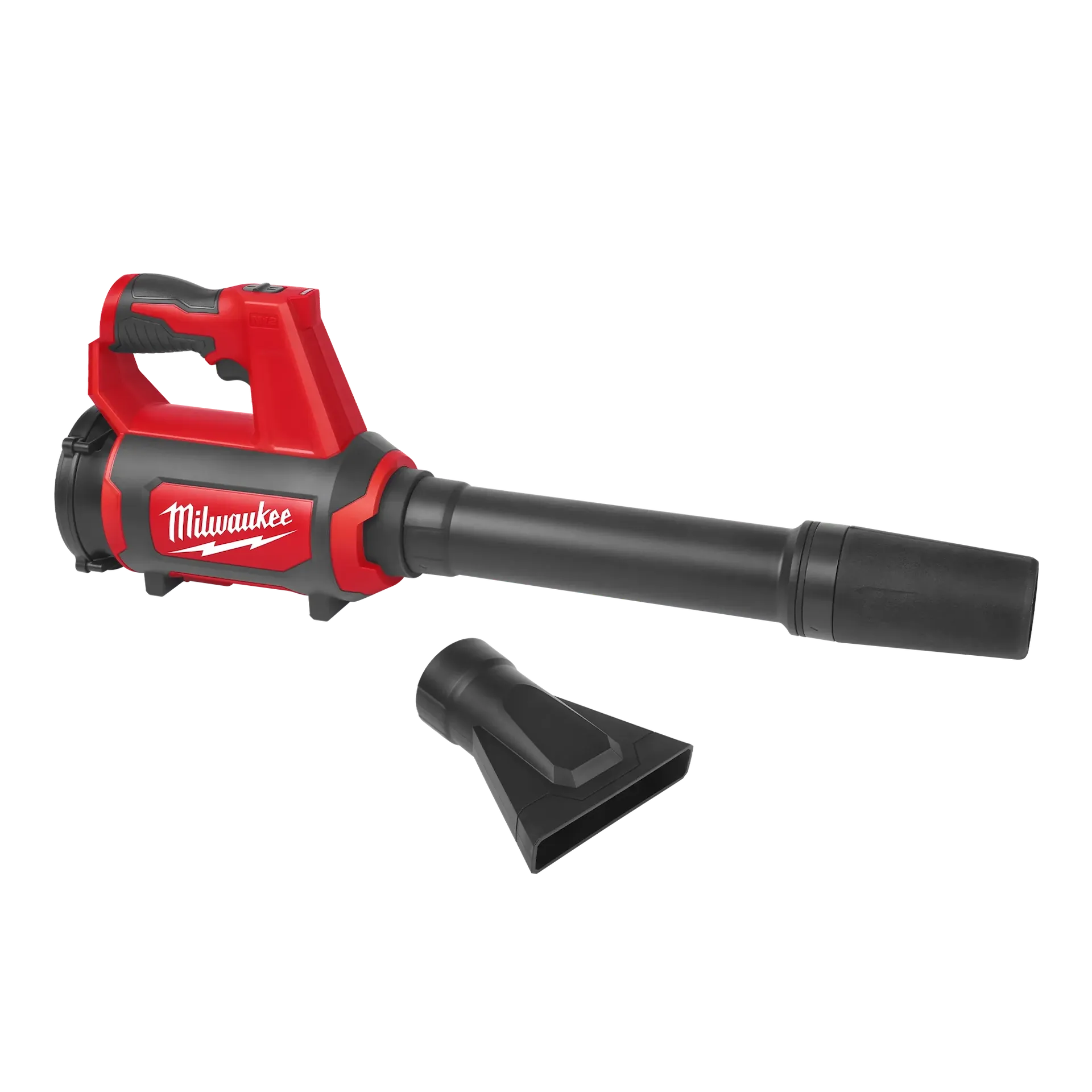 Milwaukee M12 Compact Blower 0852-20 red and black handheld tool with detachable nozzle accessory.