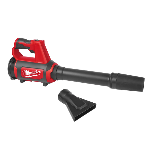 Milwaukee M12 Compact Blower 0852-20 red and black handheld tool with detachable nozzle accessory.