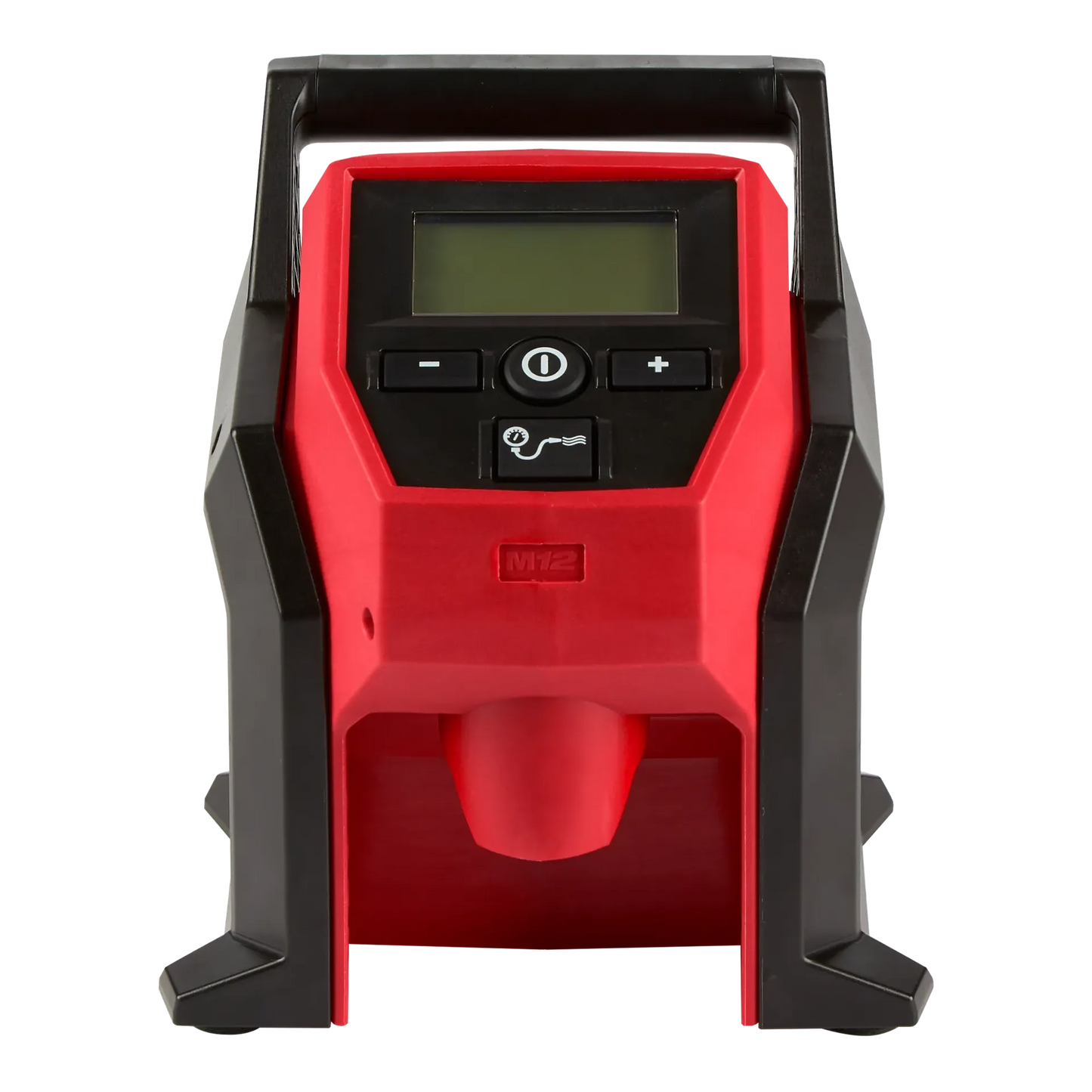 Milwaukee M12 Inflator 2475-20 tool with digital display and control buttons in red and black housing.