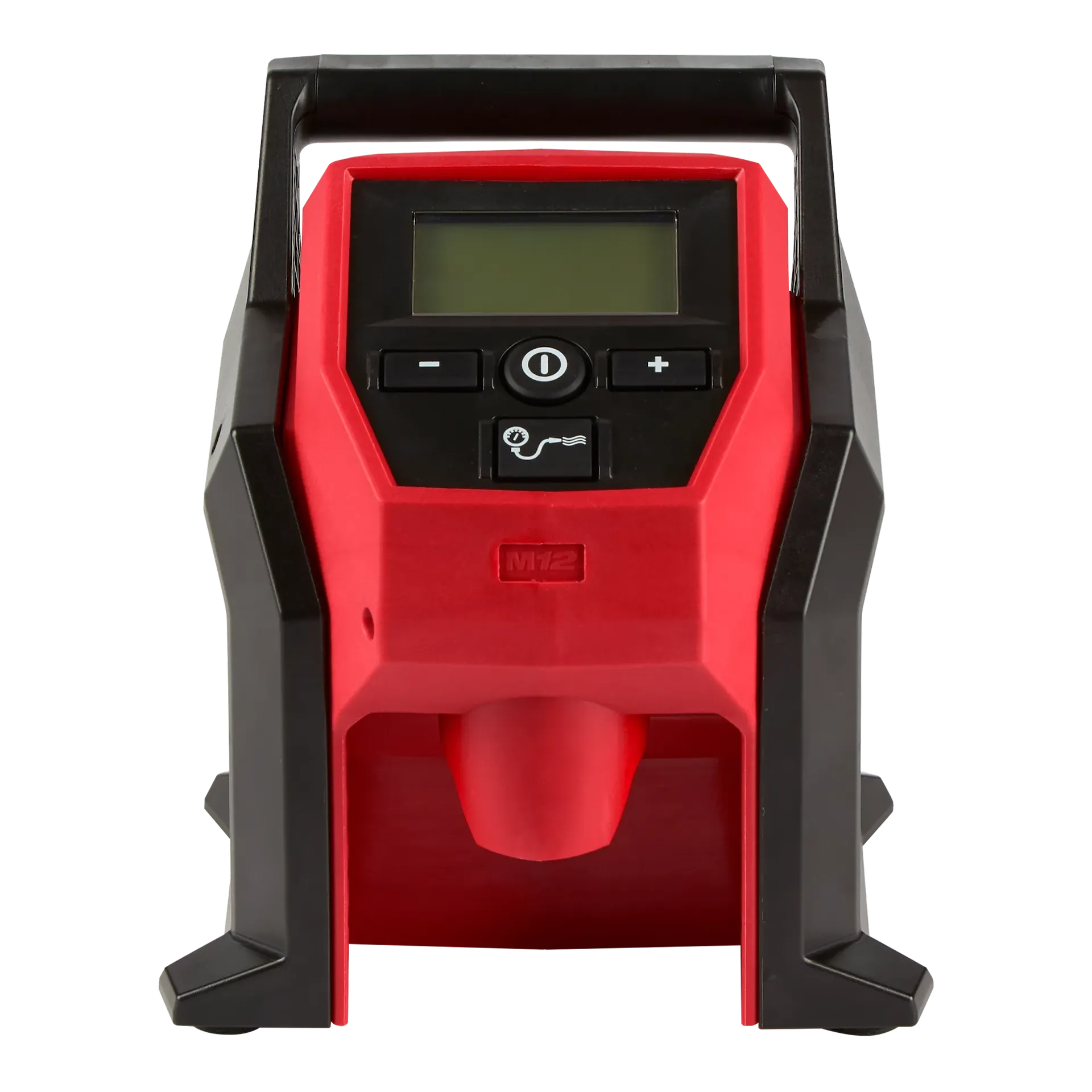 Milwaukee M12 Inflator 2475-20 tool with digital display and control buttons in red and black housing.