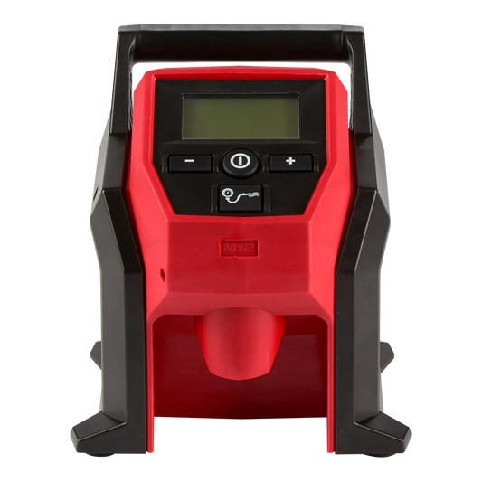 Milwaukee M12 Inflator 2475-20 tool with digital display and control buttons in red and black housing.