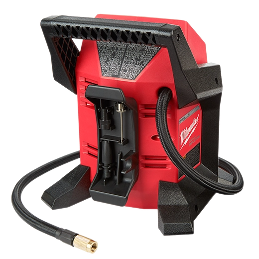 Milwaukee M12 Inflator 2475-20 red and black tool with hose and compact base design.