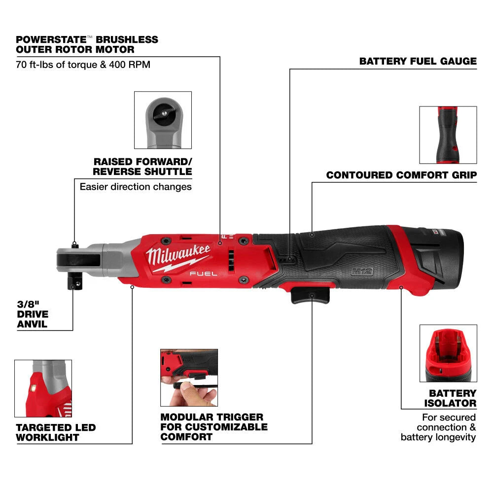 Milwaukee M12 FUEL 3/8 Inch Ratchet Kit With FREE NANO Sockets 3053-21