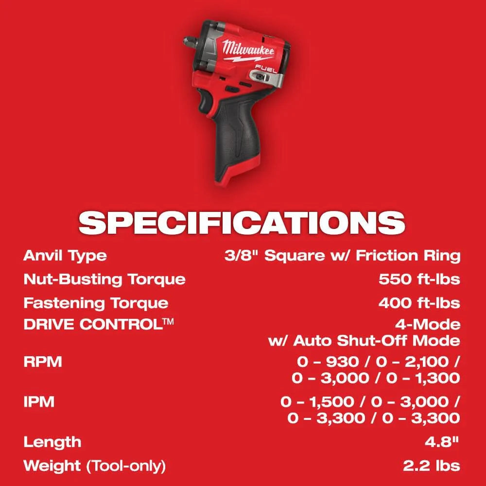 Milwaukee M12 FUEL Stubby 3/8 Inch Impact Wrench With FREE 5.0 High Output Battery 2562-20