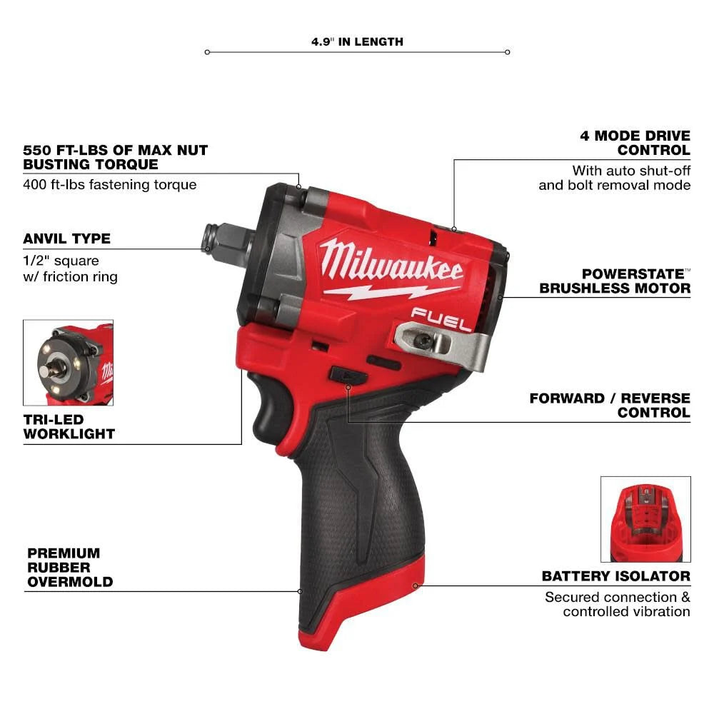 Milwaukee M12 FUEL Stubby 1/2 Inch Impact Wrench With FREE 5.0 High Output Battery 2563-20