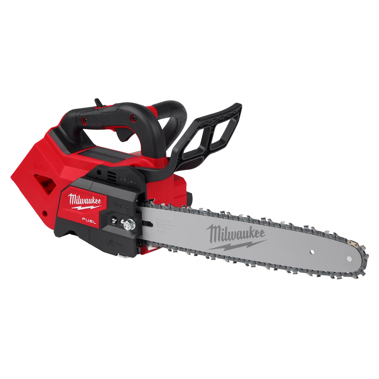 Milwaukee M18 14" Top Handle Chain Saw 2826-20 red and black tool with metal bar, designed for cutting tasks with.