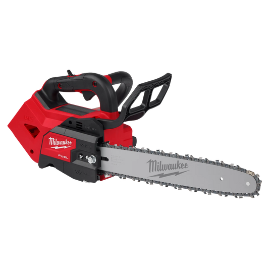 Milwaukee M18 14" Top Handle Chain Saw 2826-20 red and black tool with metal bar, designed for cutting tasks with.