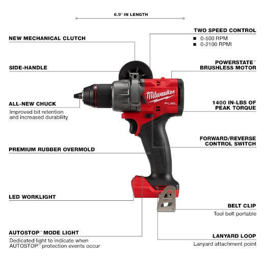 Milwaukee M18 Brushed 1/2 Hammer Drill 2904-20 red and black tool with side handle and LED work light.