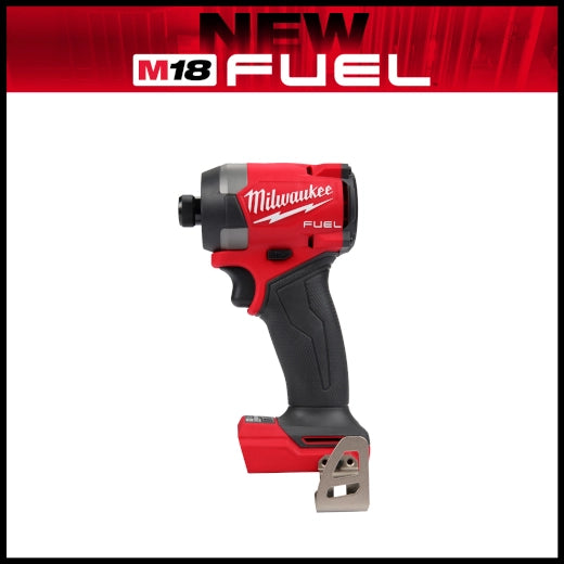 Milwaukee M18 Brushed 1/4 Impact Driver 2953-20 red and black cordless tool with ergonomic grip and metal belt clip.