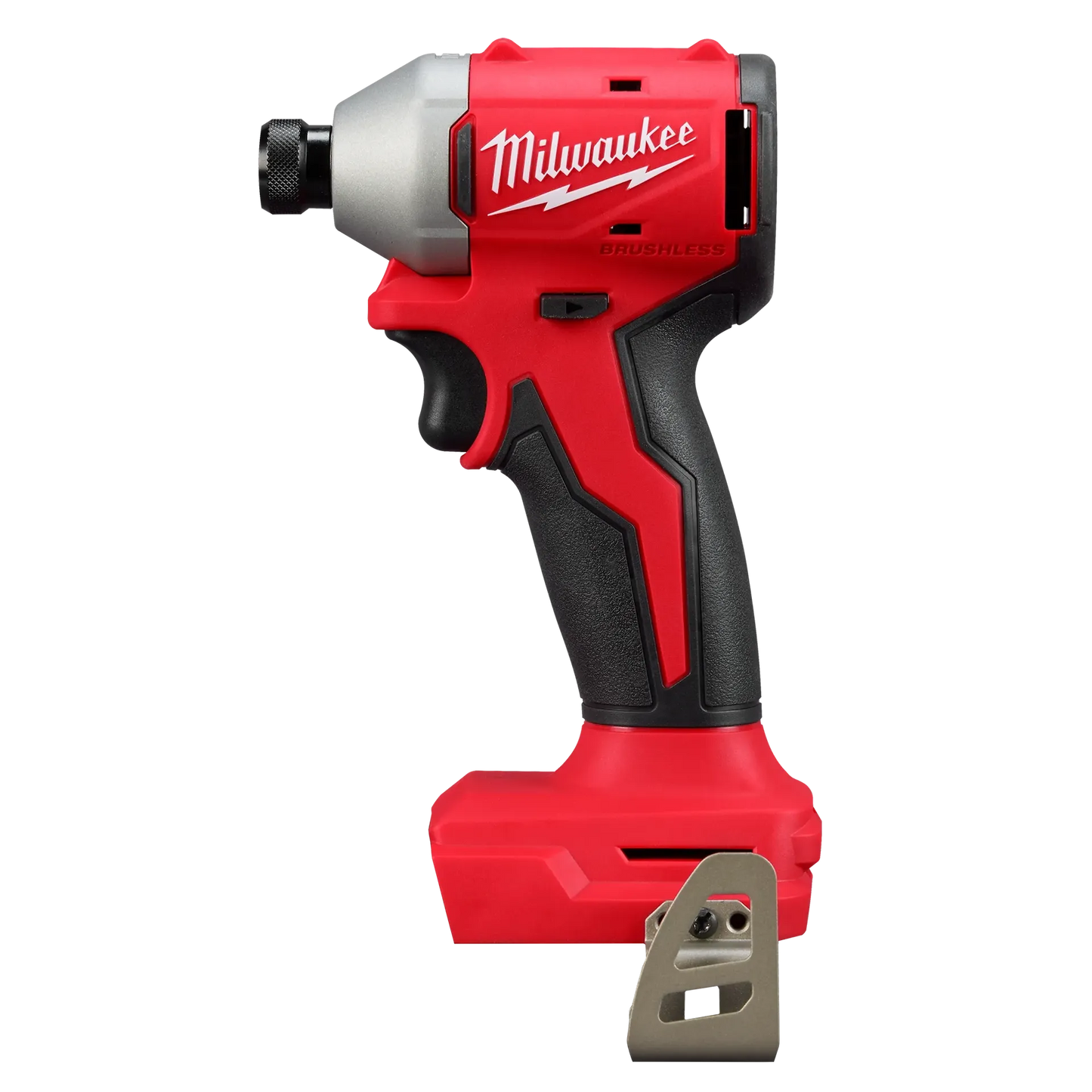 Milwaukee M18 Brushless 1/4 Impact Driver 3650-20 red and black cordless tool with ergonomic grip and metal belt.