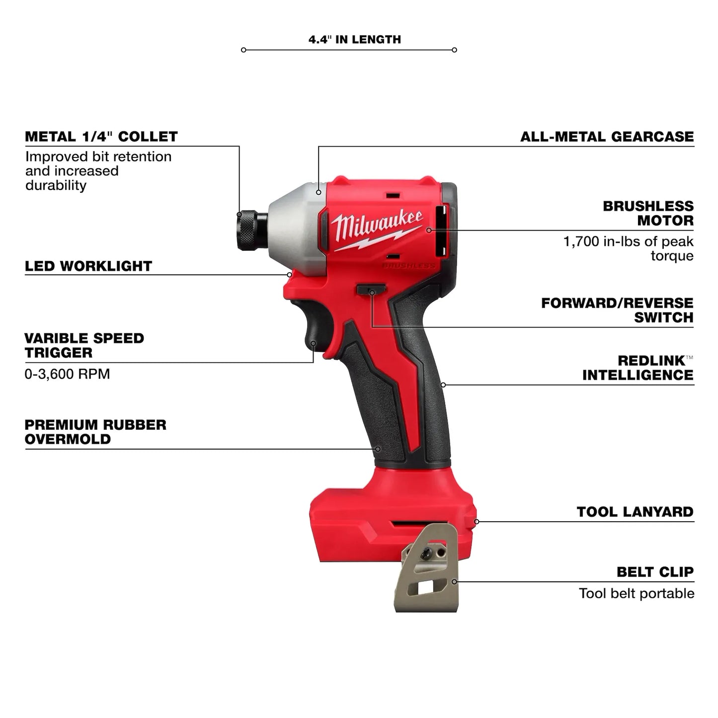 Milwaukee M18 Brushless 1/4 Impact Driver 3650-20 red and black tool with metal collet, LED worklight, ergonomic.