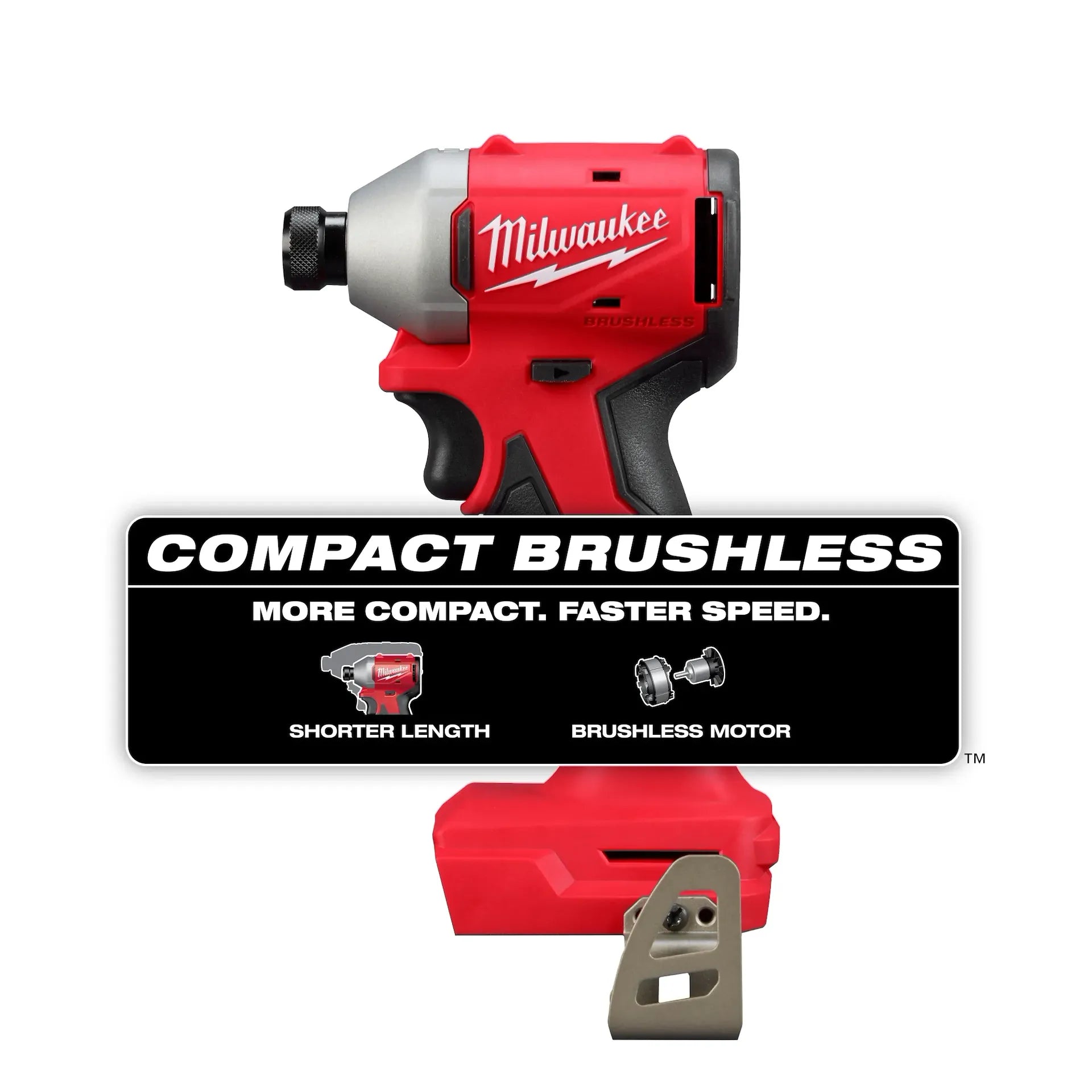 Milwaukee M18 Brushless 1/4 Impact Driver 3650-20 red and black compact power tool with battery pack and belt clip.