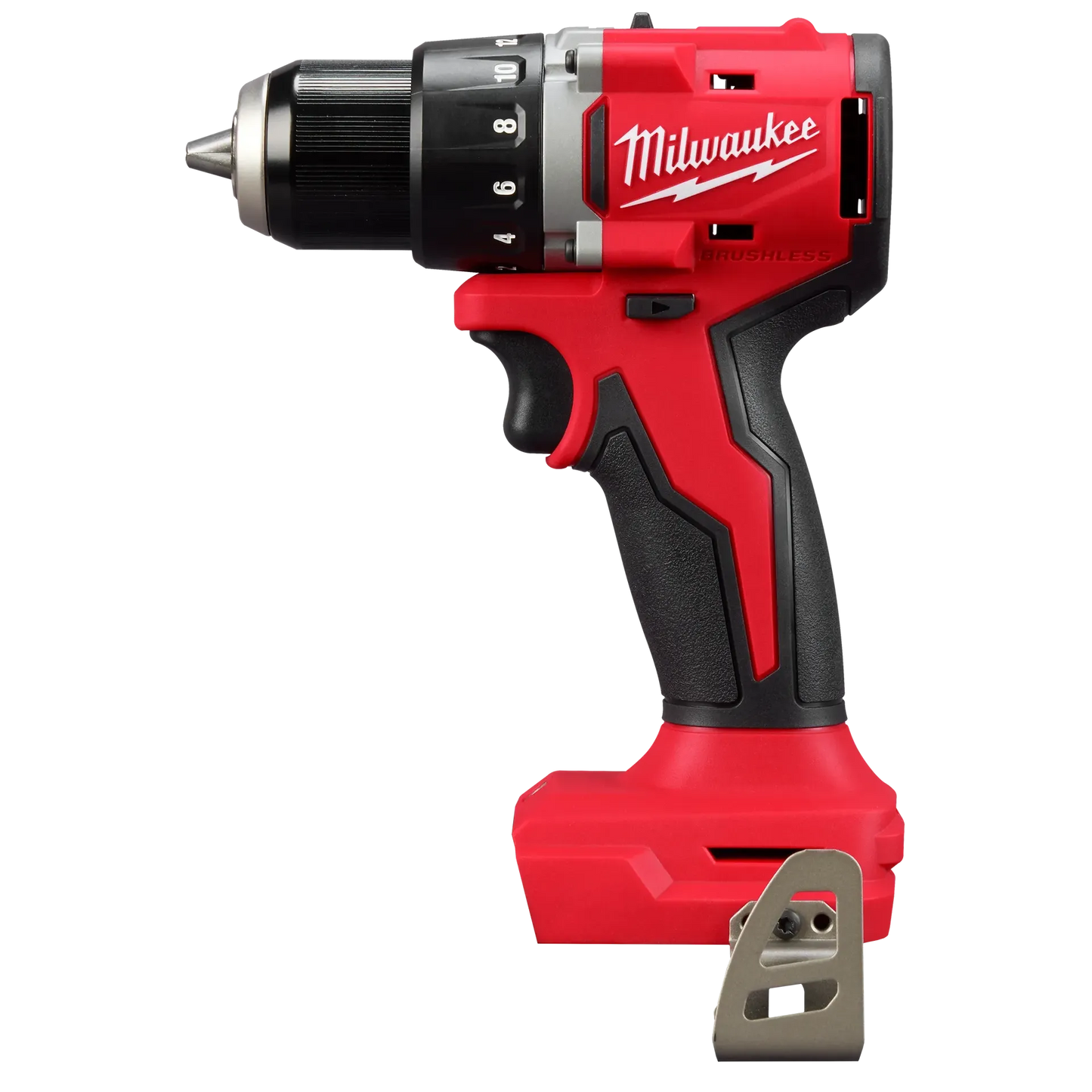 Milwaukee M18 Compact Brushless Drill 3601-20 red and black power tool with ergonomic grip and metal belt clip tools.