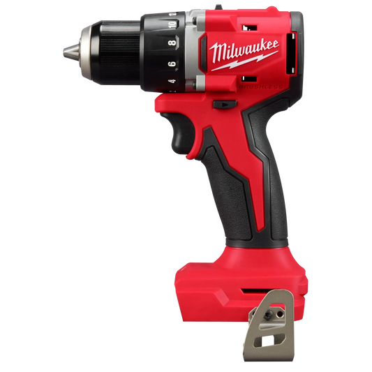 Milwaukee M18 Compact Brushless Drill 3601-20 red and black power tool with ergonomic grip and metal belt clip tools.