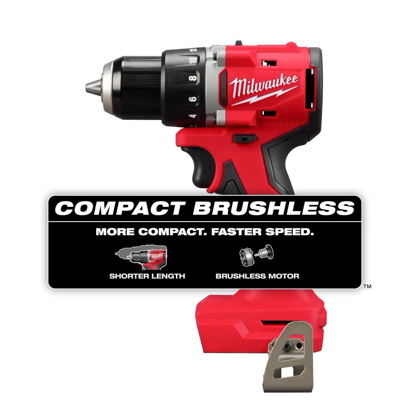 Milwaukee M18 Compact Brushless Drill 3601-20 red and black cordless power tool with compact design showcasing.