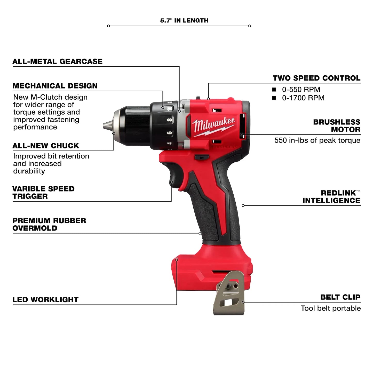 Milwaukee M18 Compact Brushless Drill 3601-20 with all-metal gearcase, variable speed, LED worklight, and belt clip .