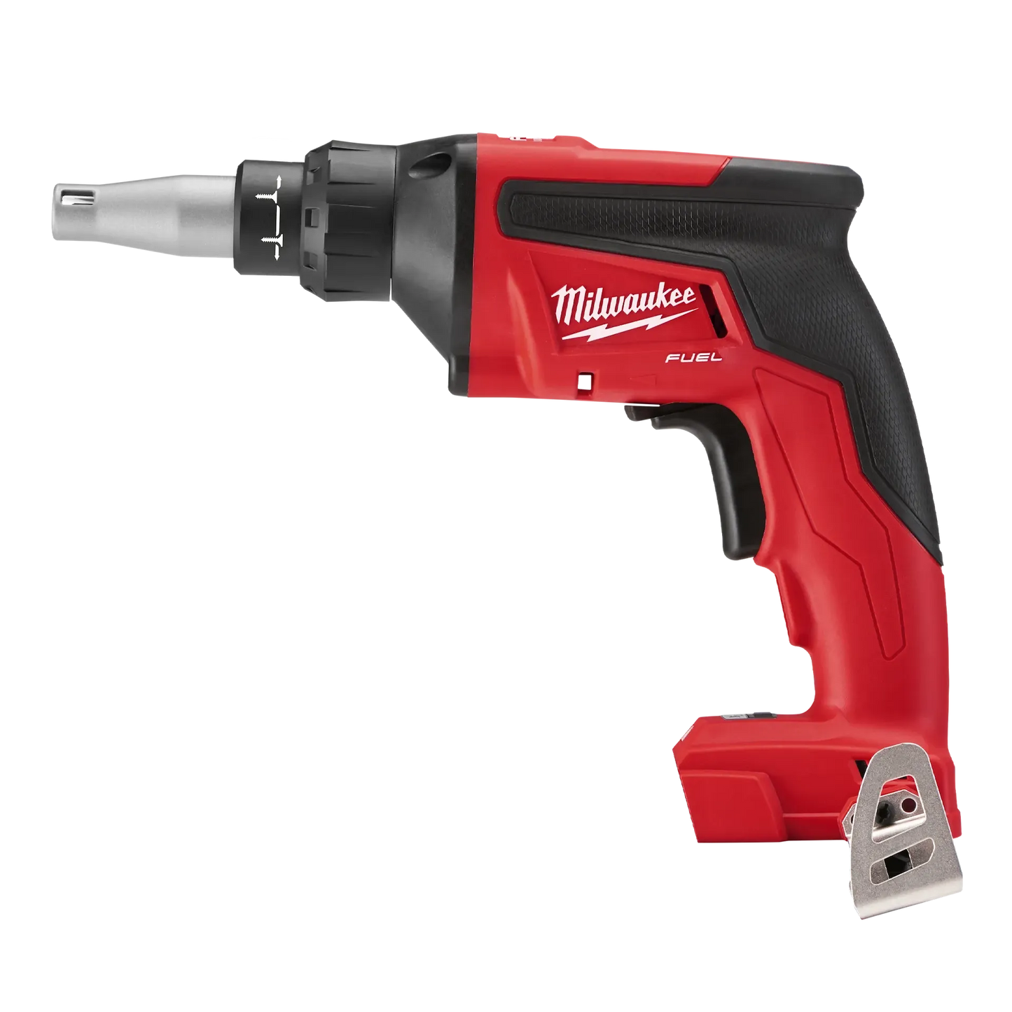 Milwaukee M18 Fuel Drywall Screw Gun 2866-20 red and black cordless power tool for drywall installation.