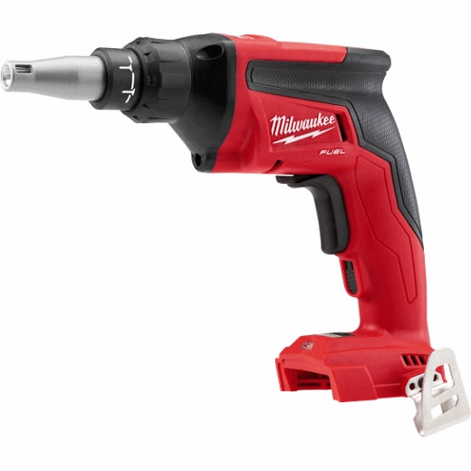 Milwaukee M18 Fuel Drywall Screw Gun 2866-20 red and black cordless tool with ergonomic grip and metal bit holder.