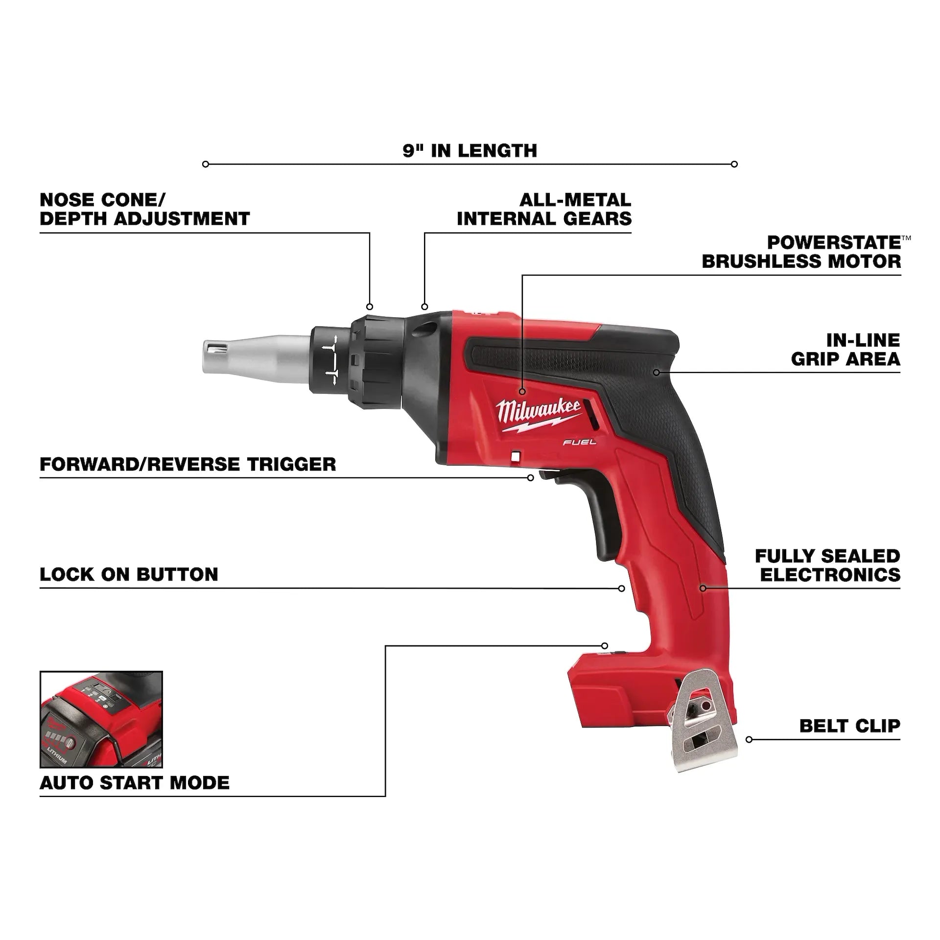 Milwaukee M18 Fuel Drywall Screw Gun 2866-20 red and black cordless tool with brushless motor and depth adjustment.