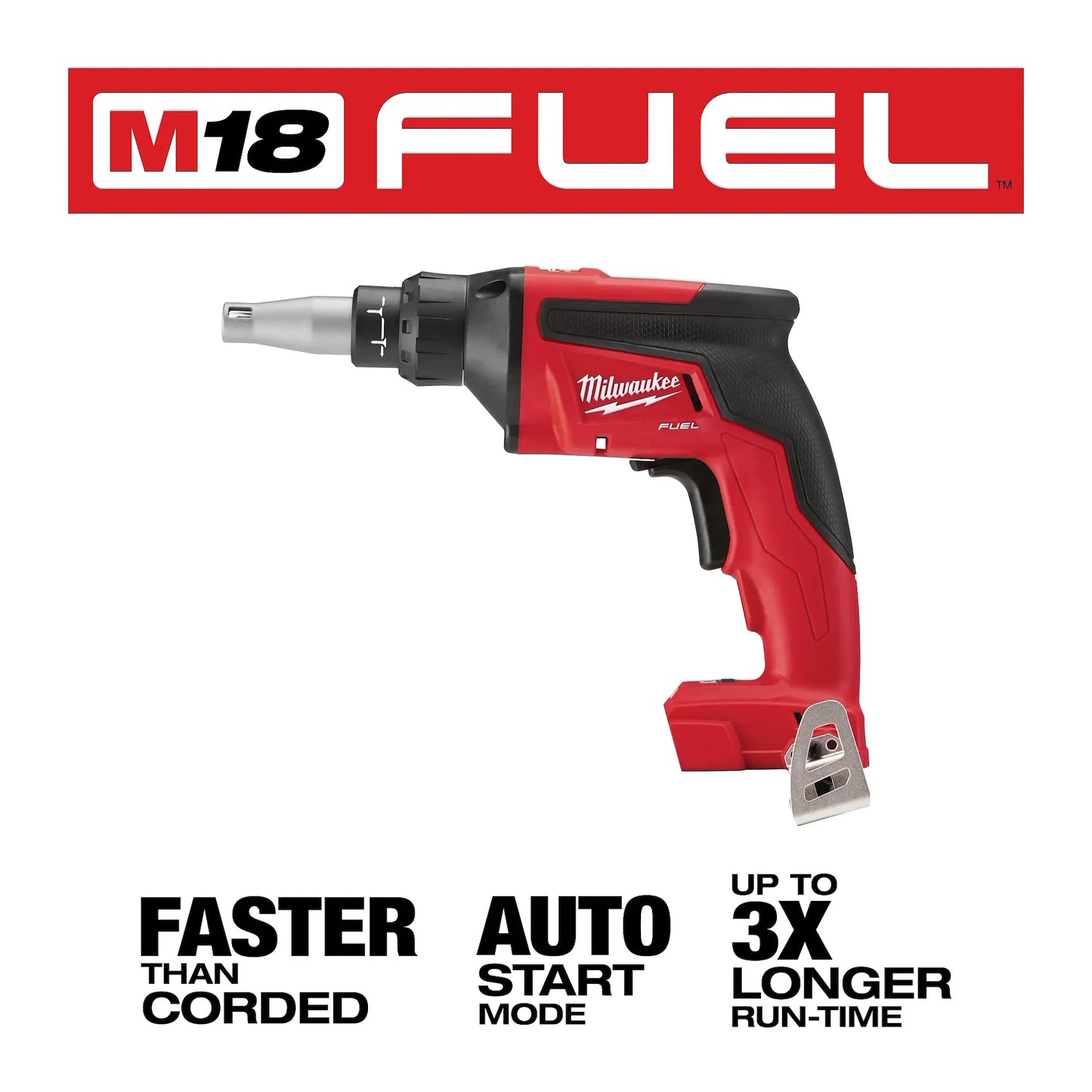 Milwaukee M18 Fuel Drywall Screw Gun 2866-20 red and black cordless tool with ergonomic grip and metal belt hook.