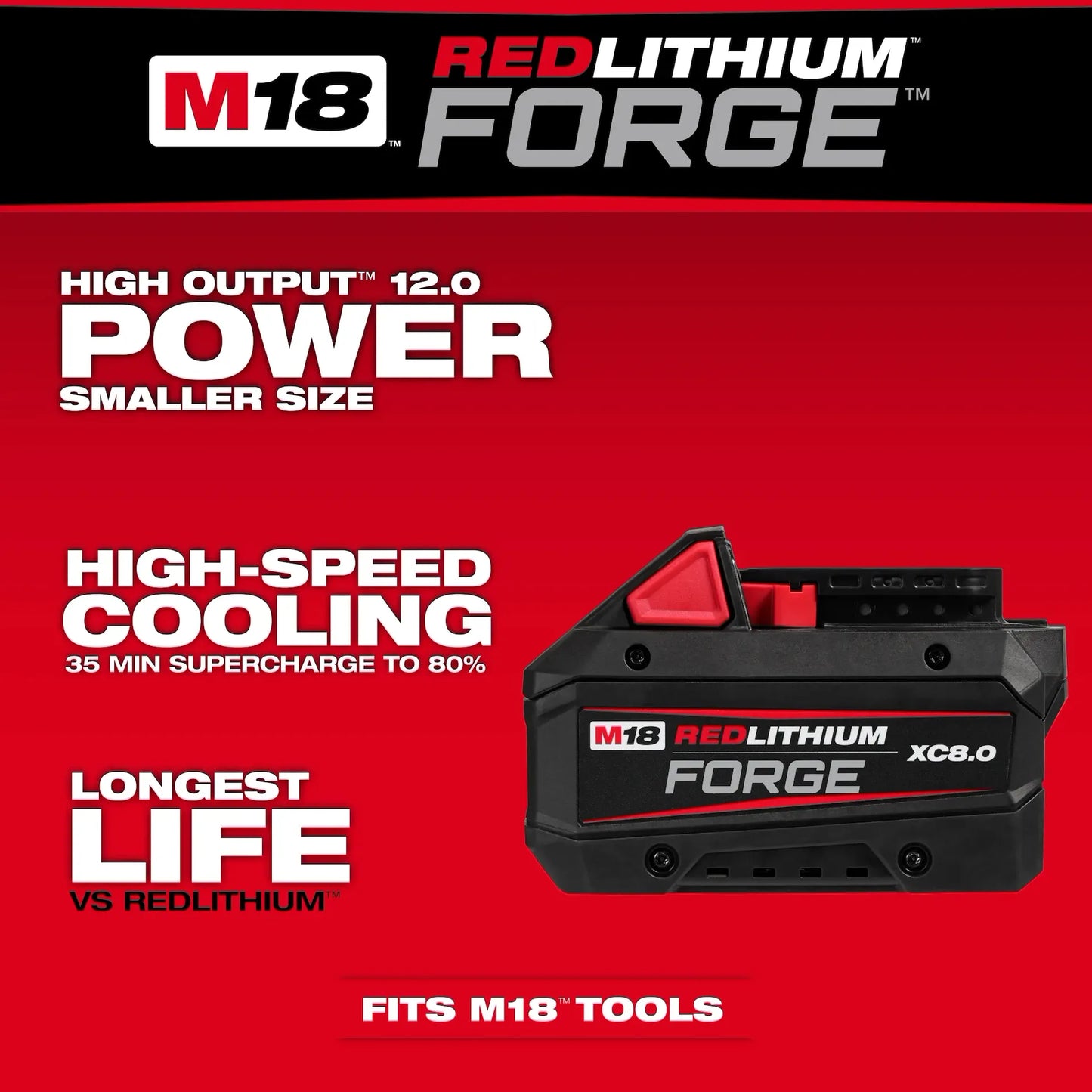 Milwaukee M18 8.0 Forge Battery 48-11-1881 with high output, fast cooling, and long life for M18 tools.
